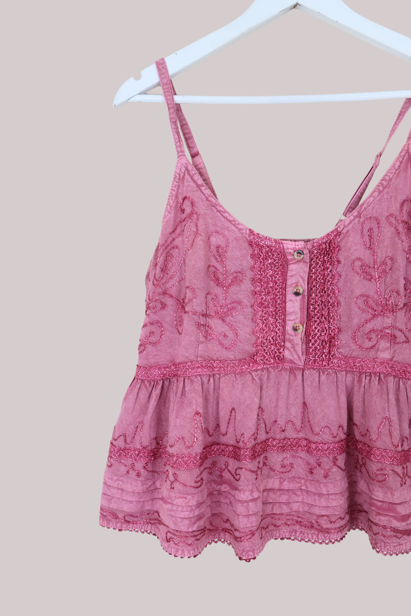 Embroidered Peplum Cami Top in Berry Pink