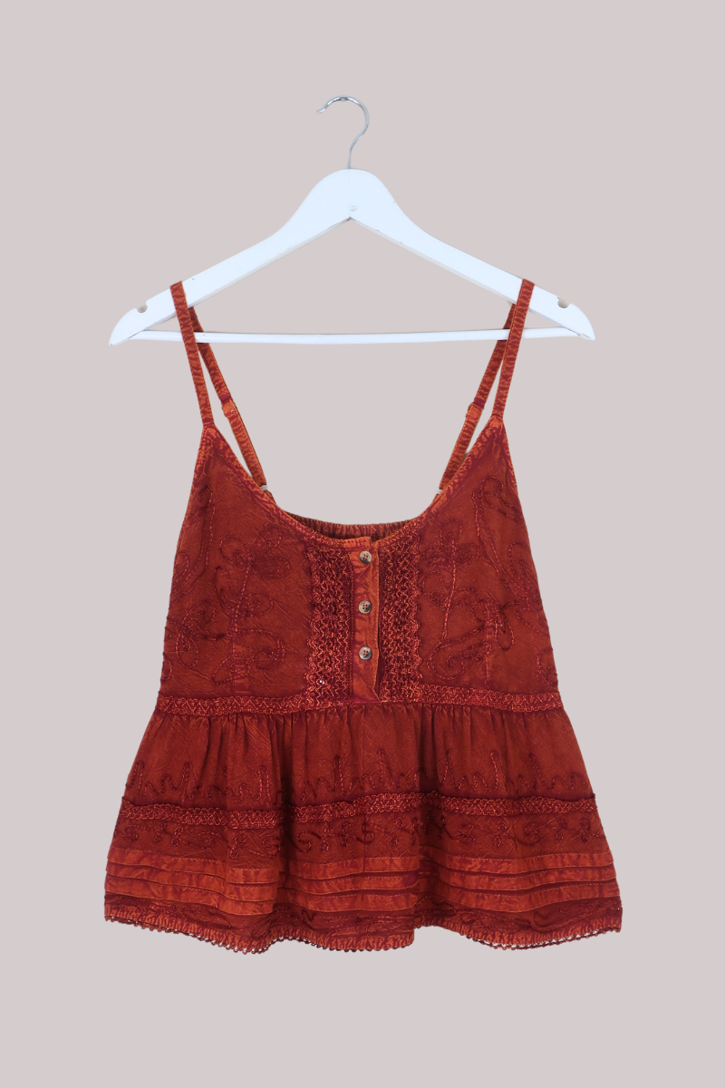 Embroidered Peplum Cami Top in Burnt Orange