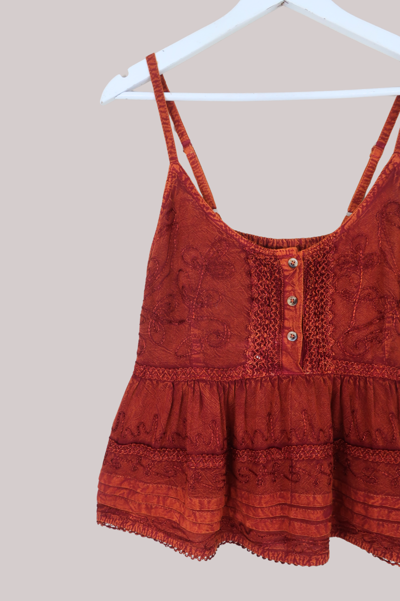 Embroidered Peplum Cami Top in Burnt Orange