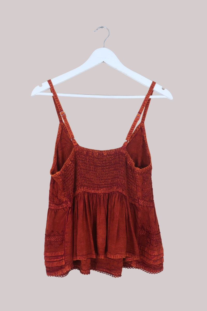 Embroidered Peplum Cami Top in Burnt Orange