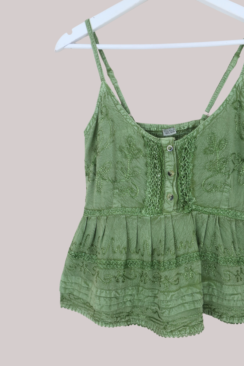 Embroidered Peplum Cami Top in Dusty Sage