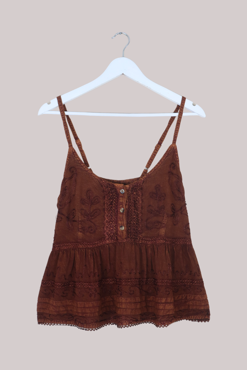 Embroidered Peplum Cami Top in Hazelnut Brown