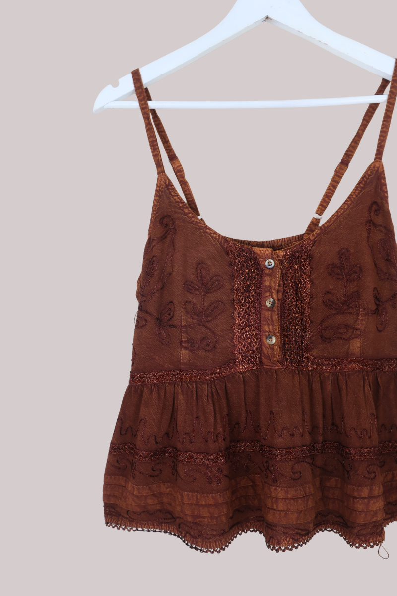 Embroidered Peplum Cami Top in Hazelnut Brown