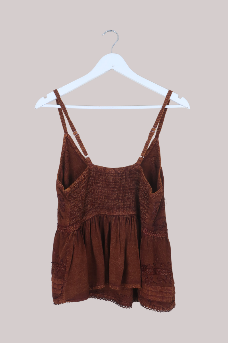 Embroidered Peplum Cami Top in Hazelnut Brown