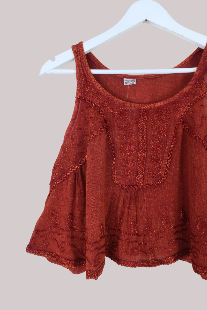 Embroidered Petal Crop Top in Burnt Orange