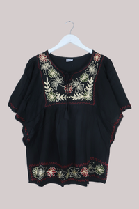 Embroidered Tunic Smock Top in Charcoal Black - Free Size