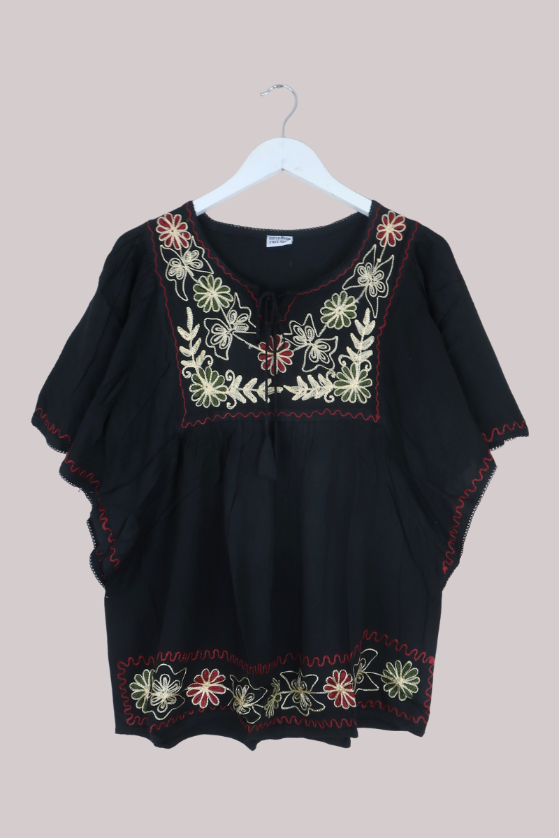 Embroidered Tunic Smock Top in Charcoal Black - Free Size