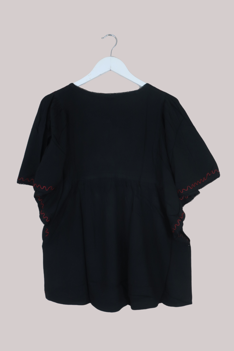 Embroidered Tunic Smock Top in Charcoal Black - Free Size
