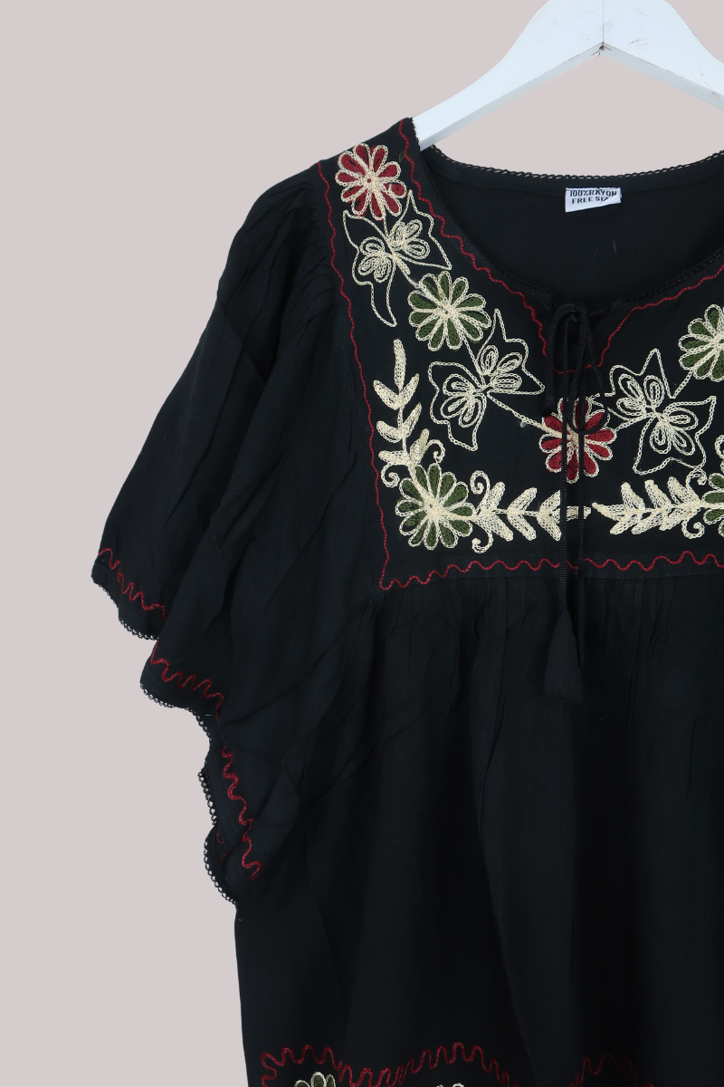 Embroidered Tunic Smock Top in Charcoal Black - Free Size