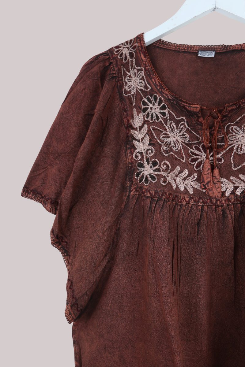 Embroidered Tunic Smock Top in Sunset Bronze - Free Size