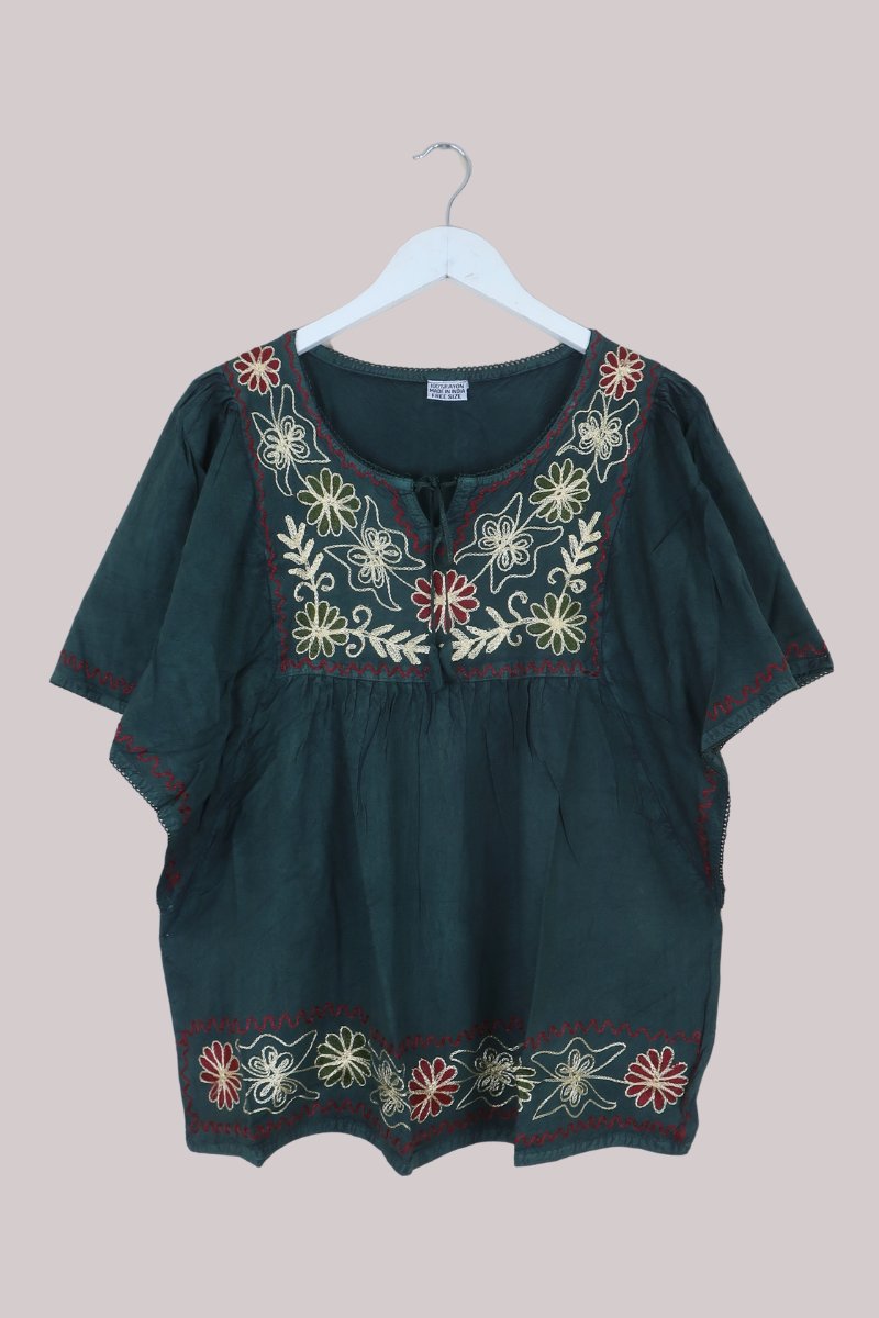 Embroidered Tunic Smock Top in Forest Green - Free Size