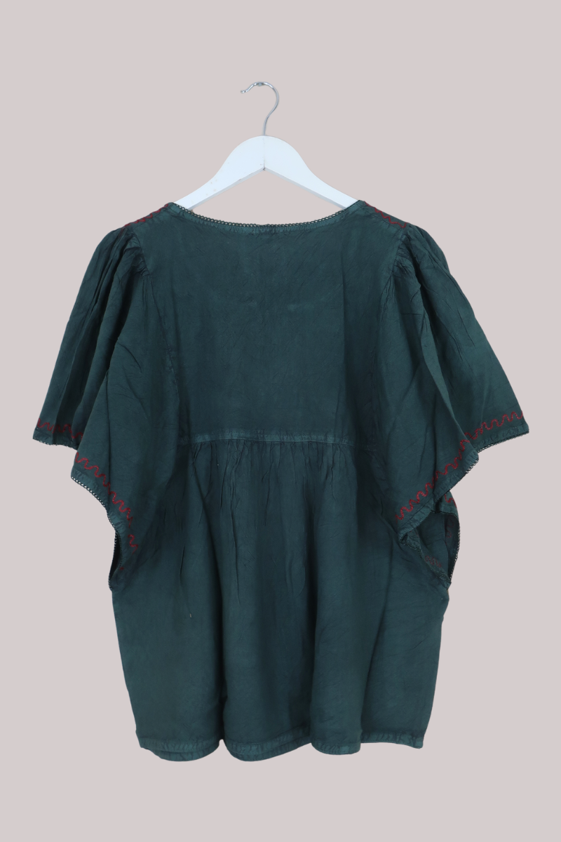 Embroidered Tunic Smock Top in Forest Green - Free Size