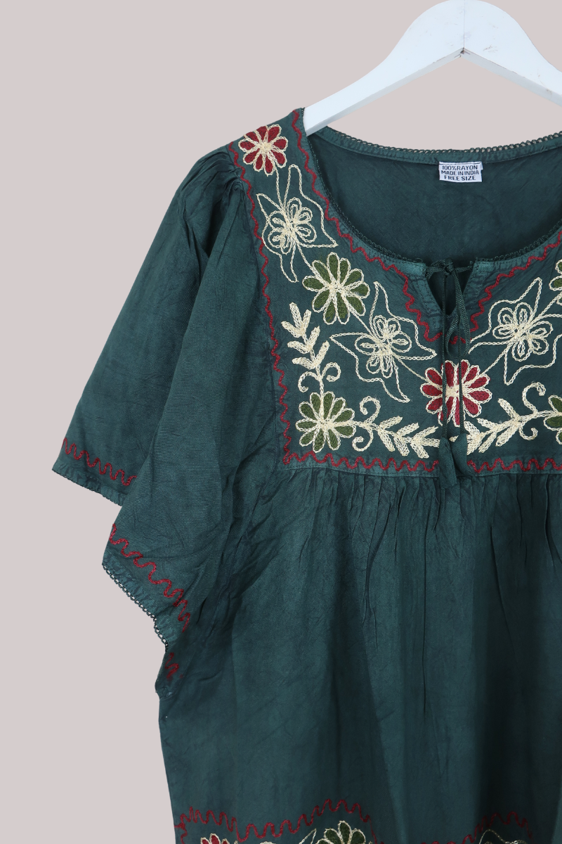 Embroidered Tunic Smock Top in Forest Green - Free Size