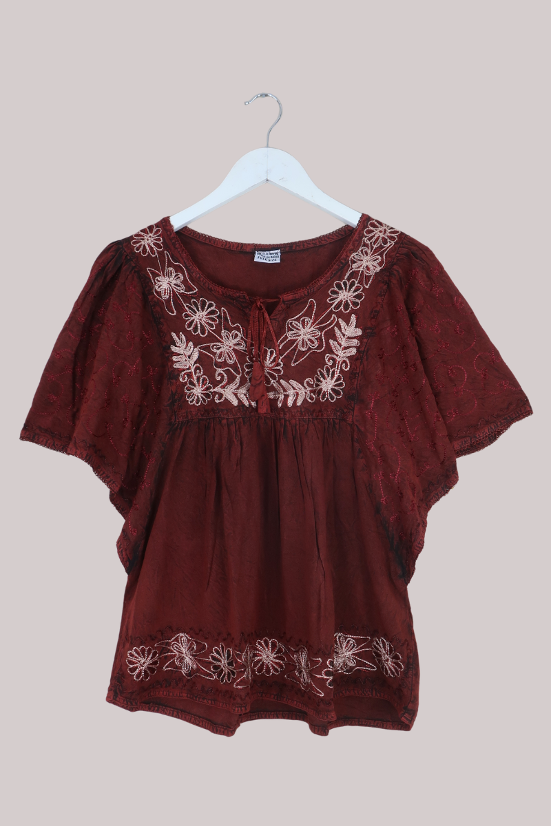 Embroidered Tunic Smock Top in Earth Red - Free Size