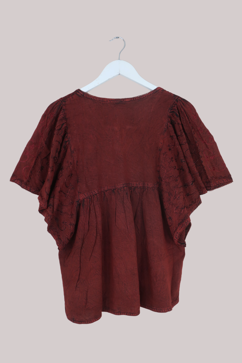 Embroidered Tunic Smock Top in Earth Red - Free Size