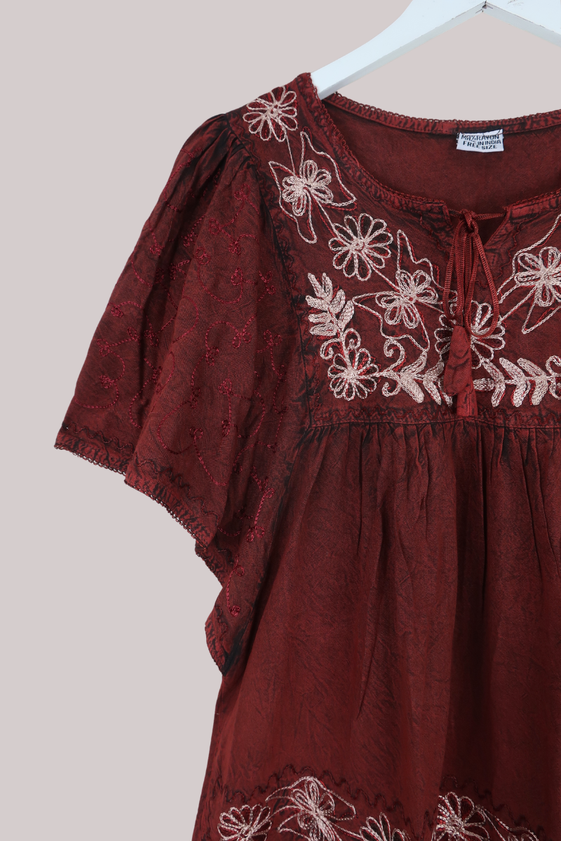 Embroidered Tunic Smock Top in Earth Red - Free Size
