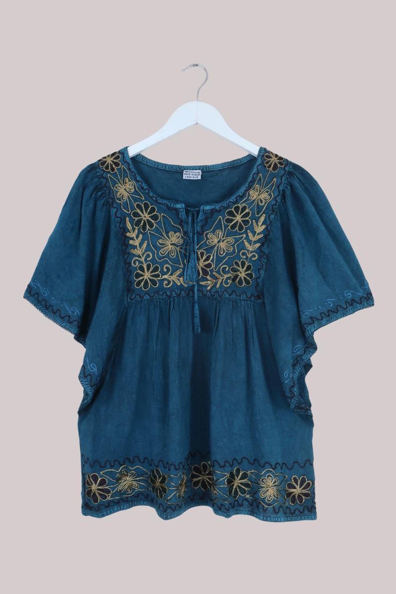 Embroidered Tunic Smock Top in Deep Sea Teal - Free Size