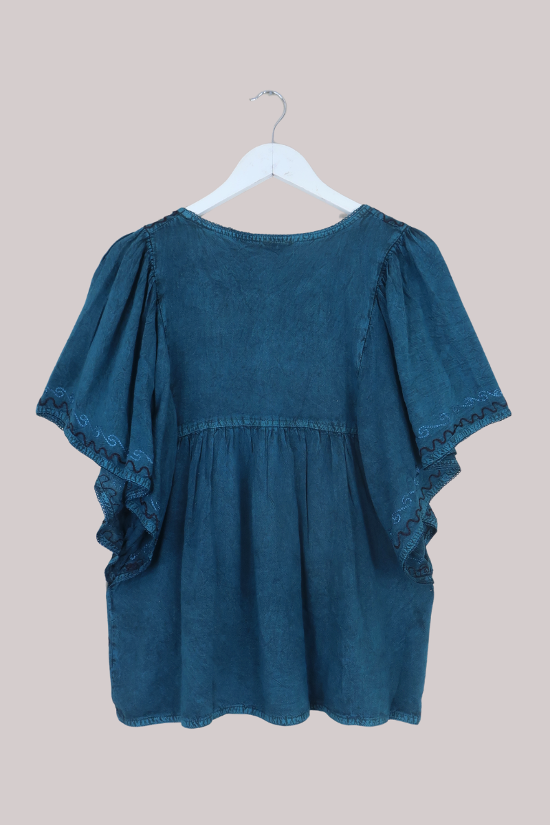 Embroidered Tunic Smock Top in Deep Sea Teal - Free Size