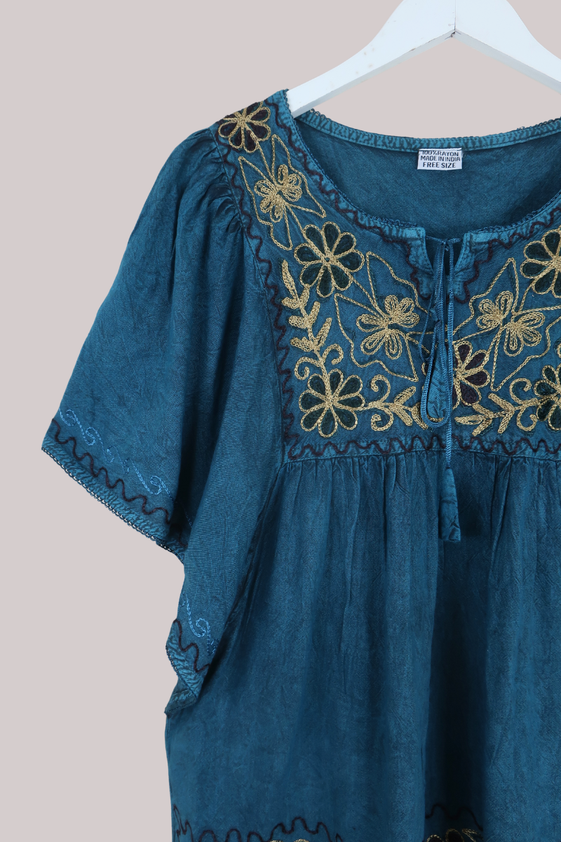 Embroidered Tunic Smock Top in Deep Sea Teal - Free Size