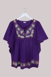 Embroidered Tunic Smock Top in Fuchsia Purple - Free Size