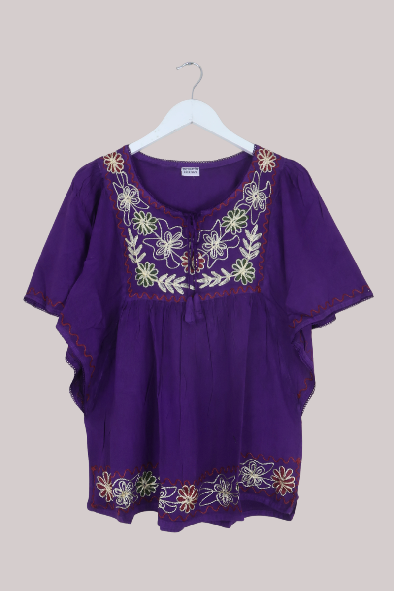 Embroidered Tunic Smock Top in Fuchsia Purple - Free Size