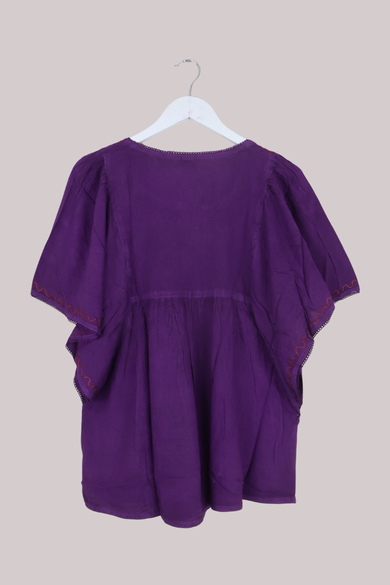 Embroidered Tunic Smock Top in Fuchsia Purple - Free Size