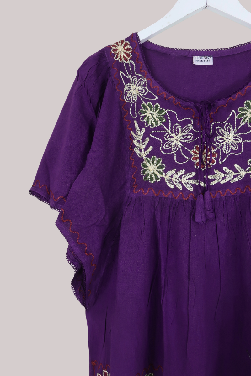 Embroidered Tunic Smock Top in Fuchsia Purple - Free Size
