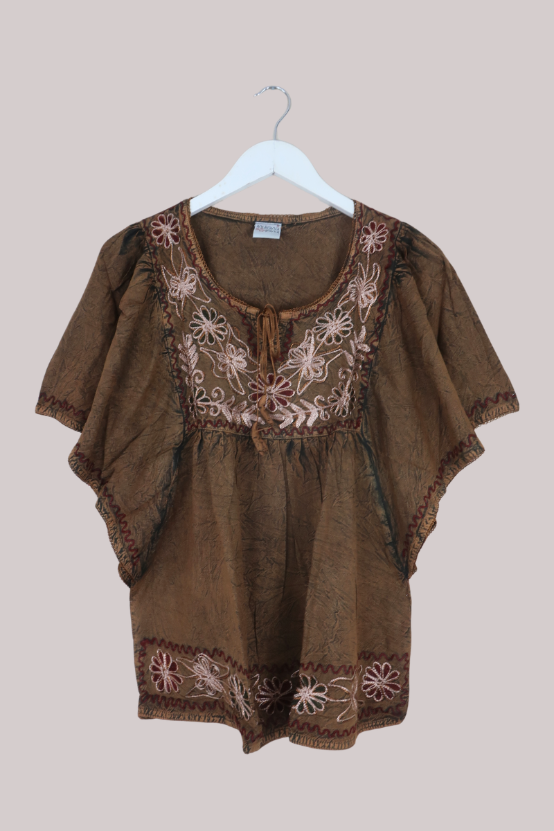 Embroidered Tunic Smock Top in Golden Brown - Free Size