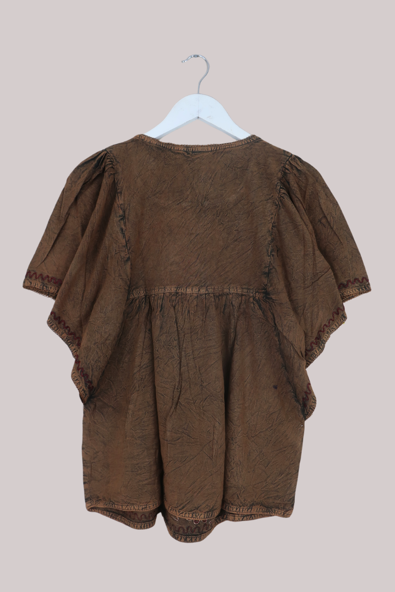 Embroidered Tunic Smock Top in Golden Brown - Free Size