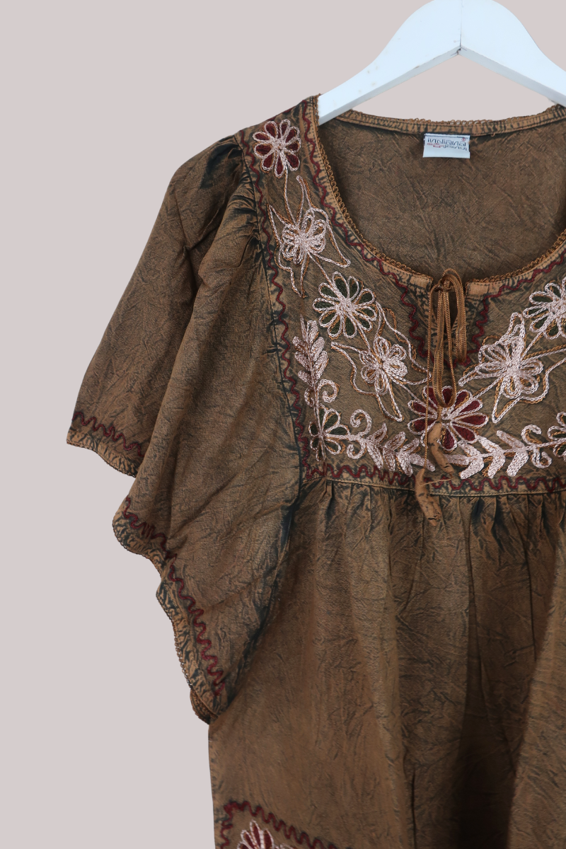 Embroidered Tunic Smock Top in Golden Brown - Free Size