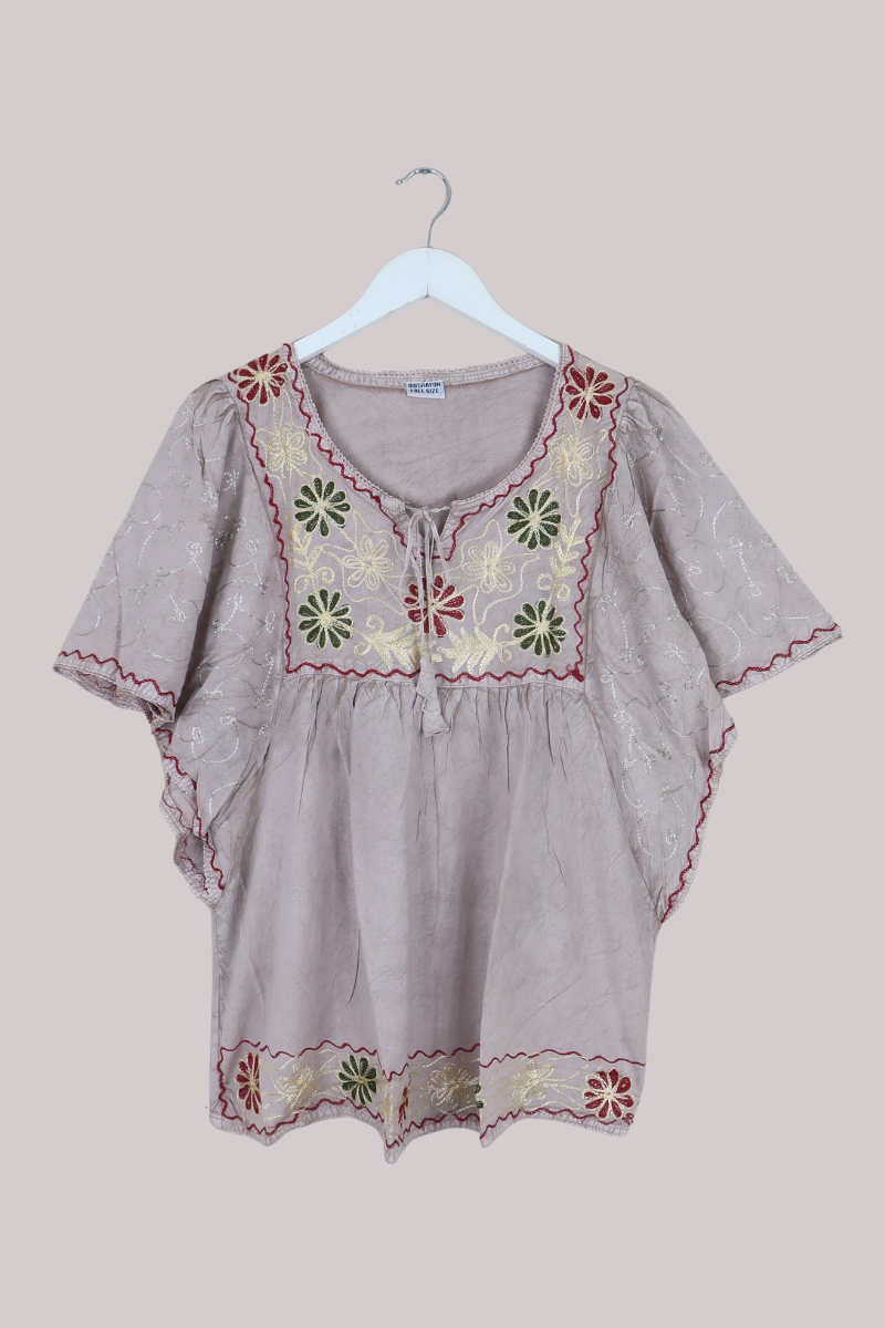 Embroidered Tunic Smock Top in Oyster Grey - Free Size