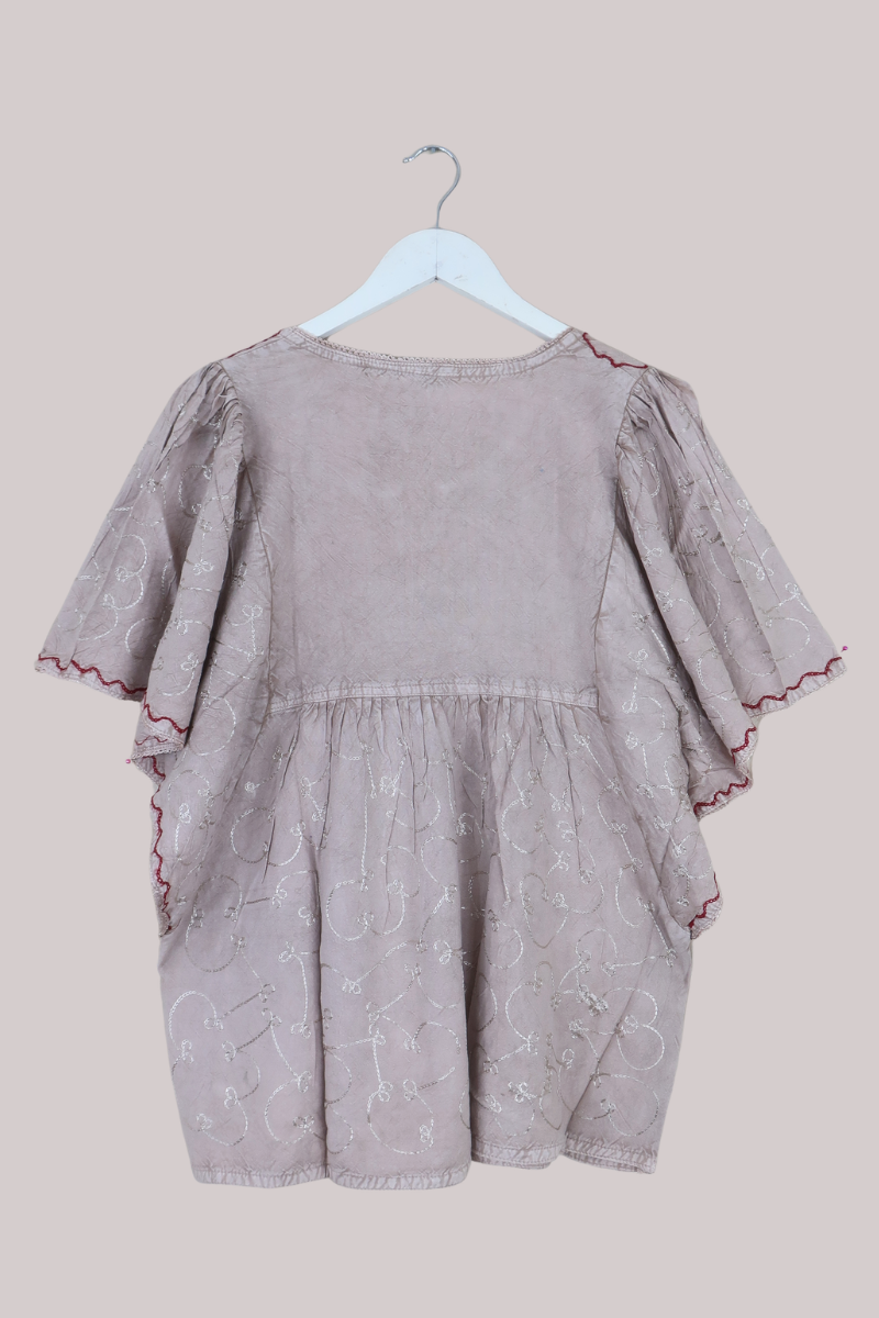 Embroidered Tunic Smock Top in Oyster Grey - Free Size
