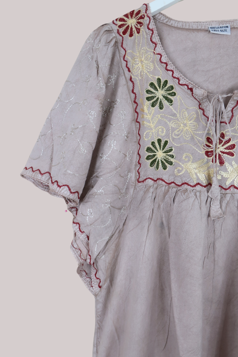 Embroidered Tunic Smock Top in Oyster Grey - Free Size