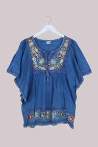Embroidered Tunic Smock Top in Jean Blue - Free Size