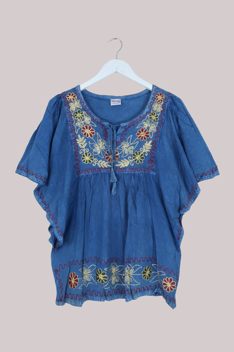 Embroidered Tunic Smock Top in Jean Blue - Free Size