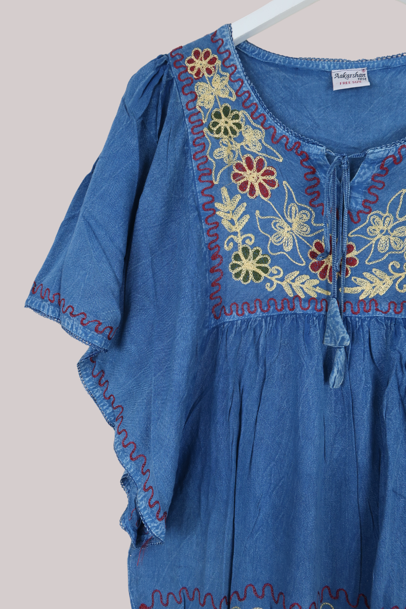 Embroidered Tunic Smock Top in Jean Blue - Free Size