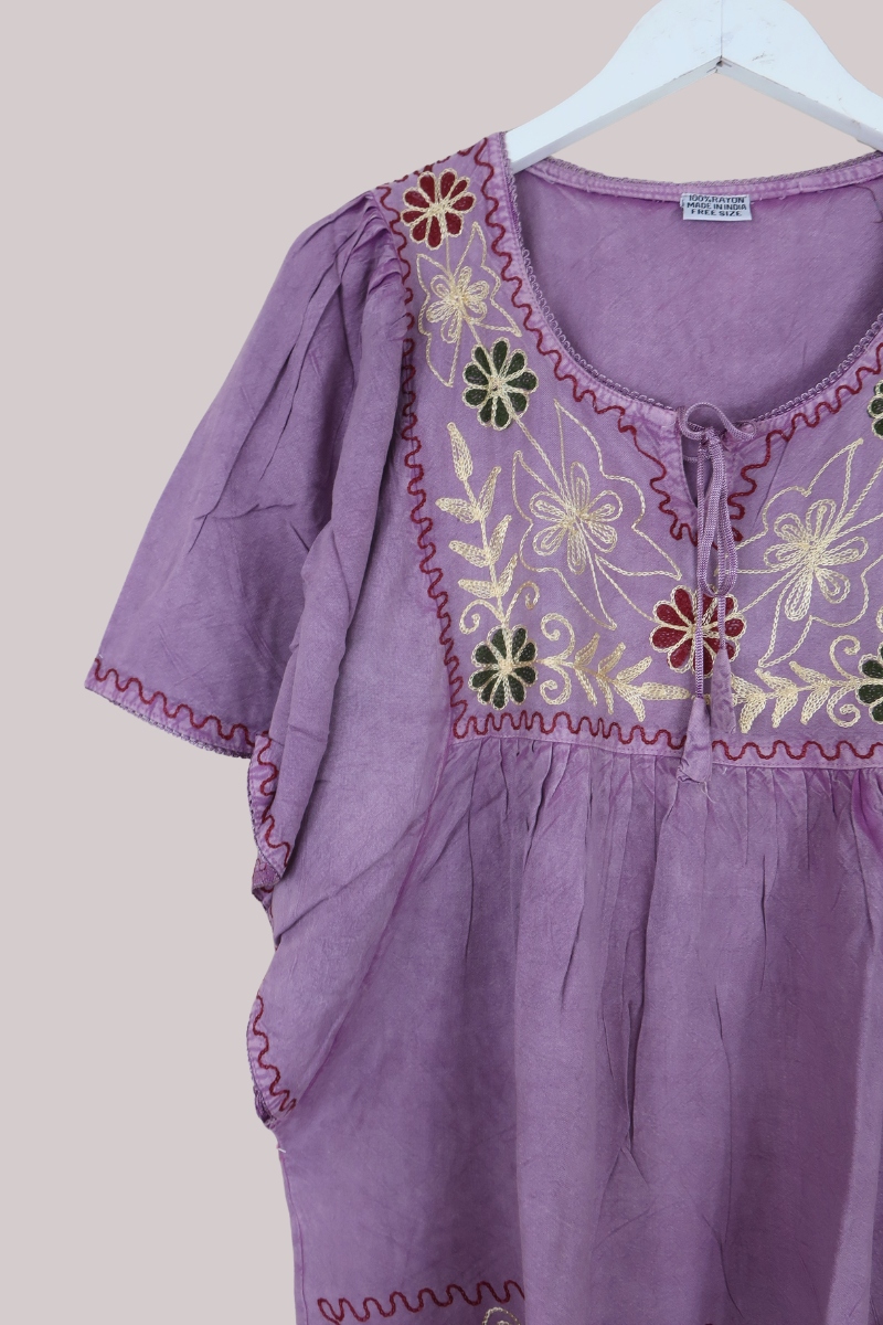 Embroidered Tunic Smock Top in Heather Pink - Free Size