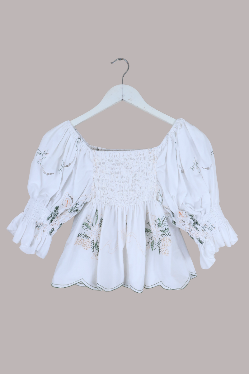 Lucia Vintage Tablecloth Ruched Top in Golden Blossoms