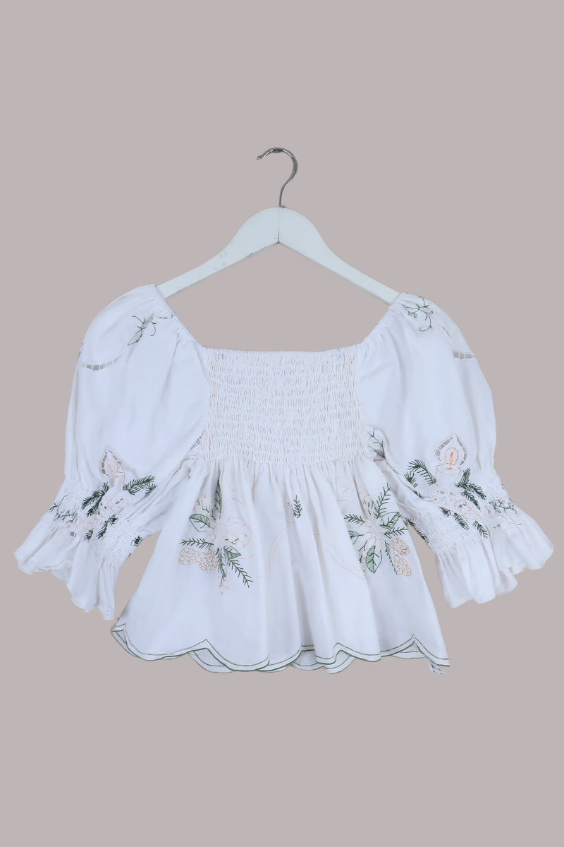 Lucia Vintage Tablecloth Ruched Top in Golden Blossoms