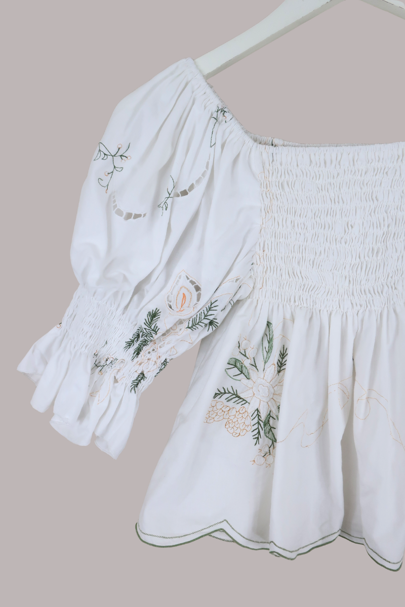 Lucia Vintage Tablecloth Ruched Top in Golden Blossoms