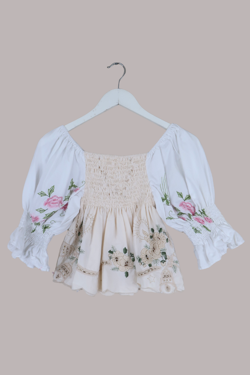 Lucia Vintage Tablecloth Ruched Top in White & Parchment Floral Embroidery