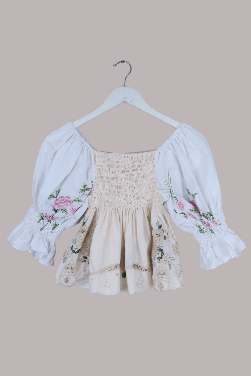 Lucia Vintage Tablecloth Ruched Top in White & Parchment Floral Embroidery