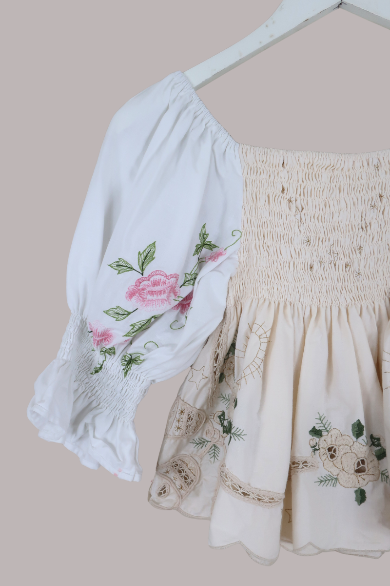 Lucia Vintage Tablecloth Ruched Top in White & Parchment Floral Embroidery