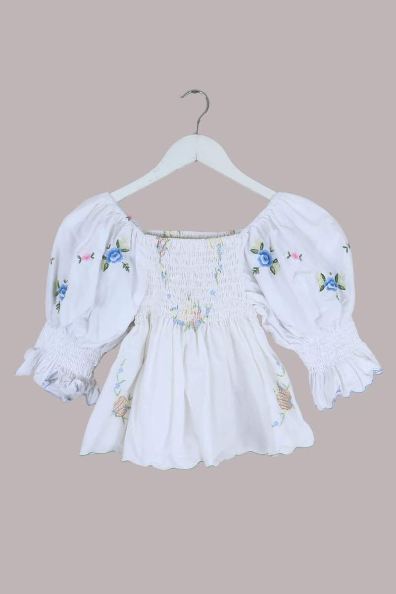 Lucia Vintage Tablecloth Ruched Top in Pastel Proposal Florals