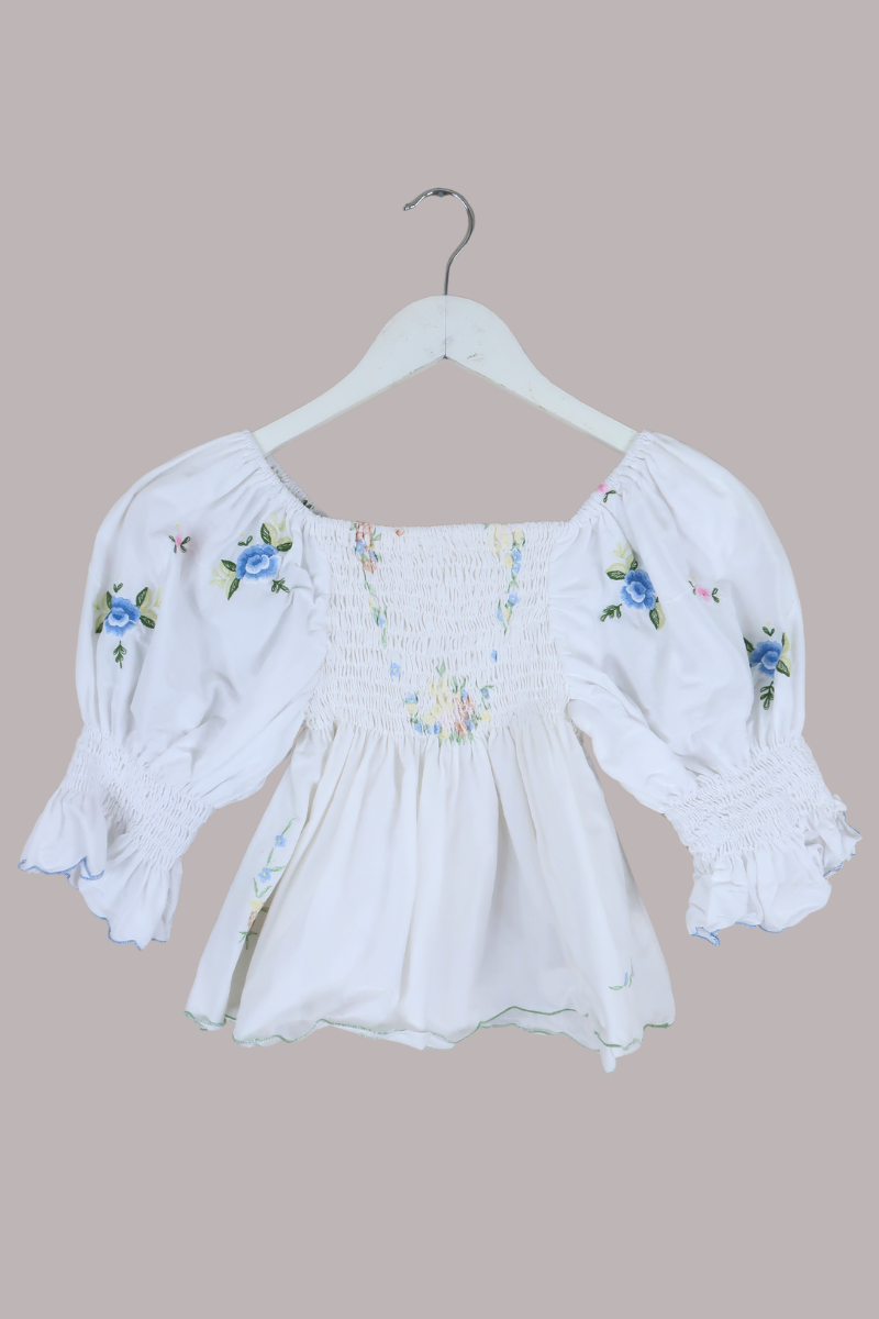 Lucia Vintage Tablecloth Ruched Top in Pastel Proposal Florals