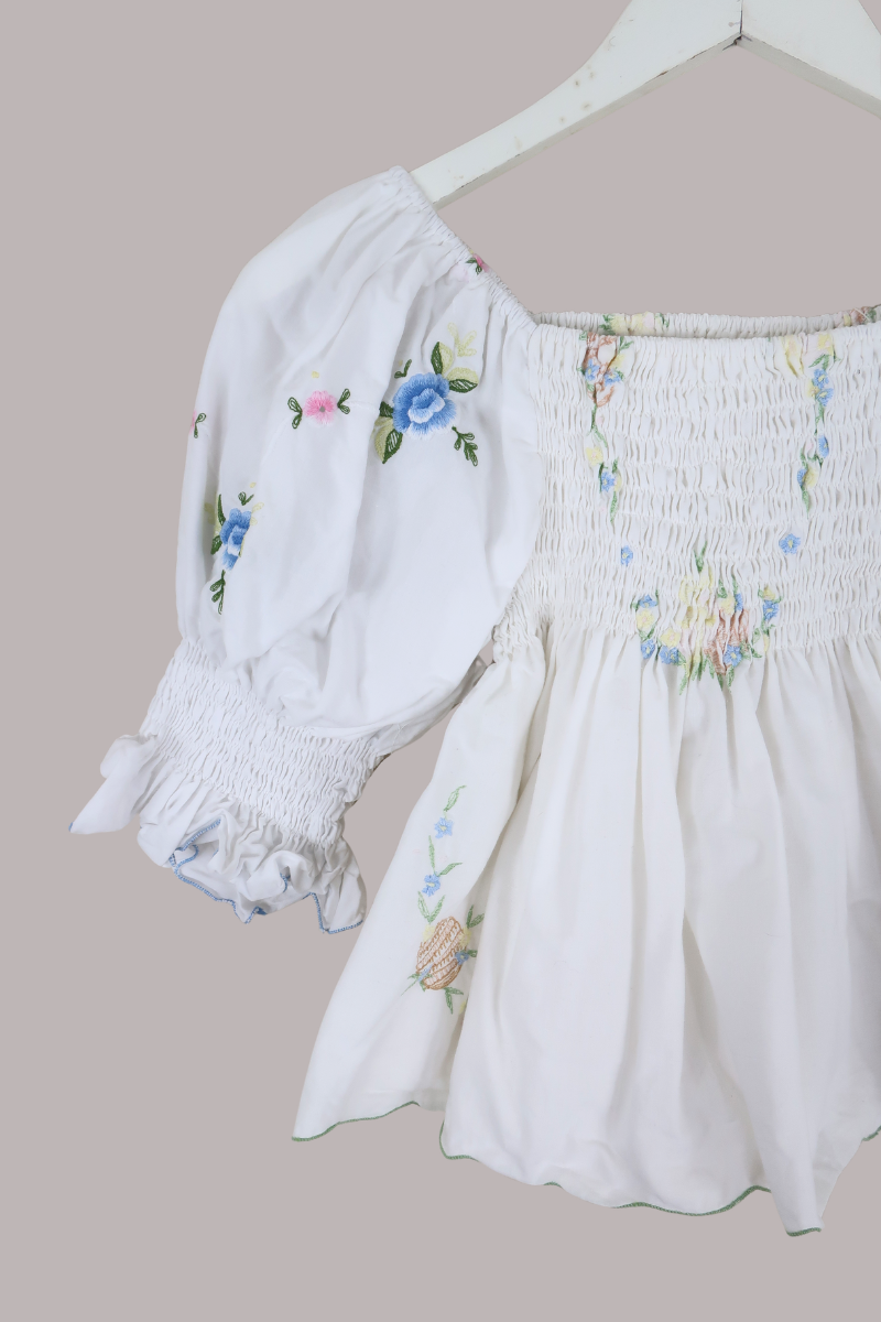 Lucia Vintage Tablecloth Ruched Top in Pastel Proposal Florals