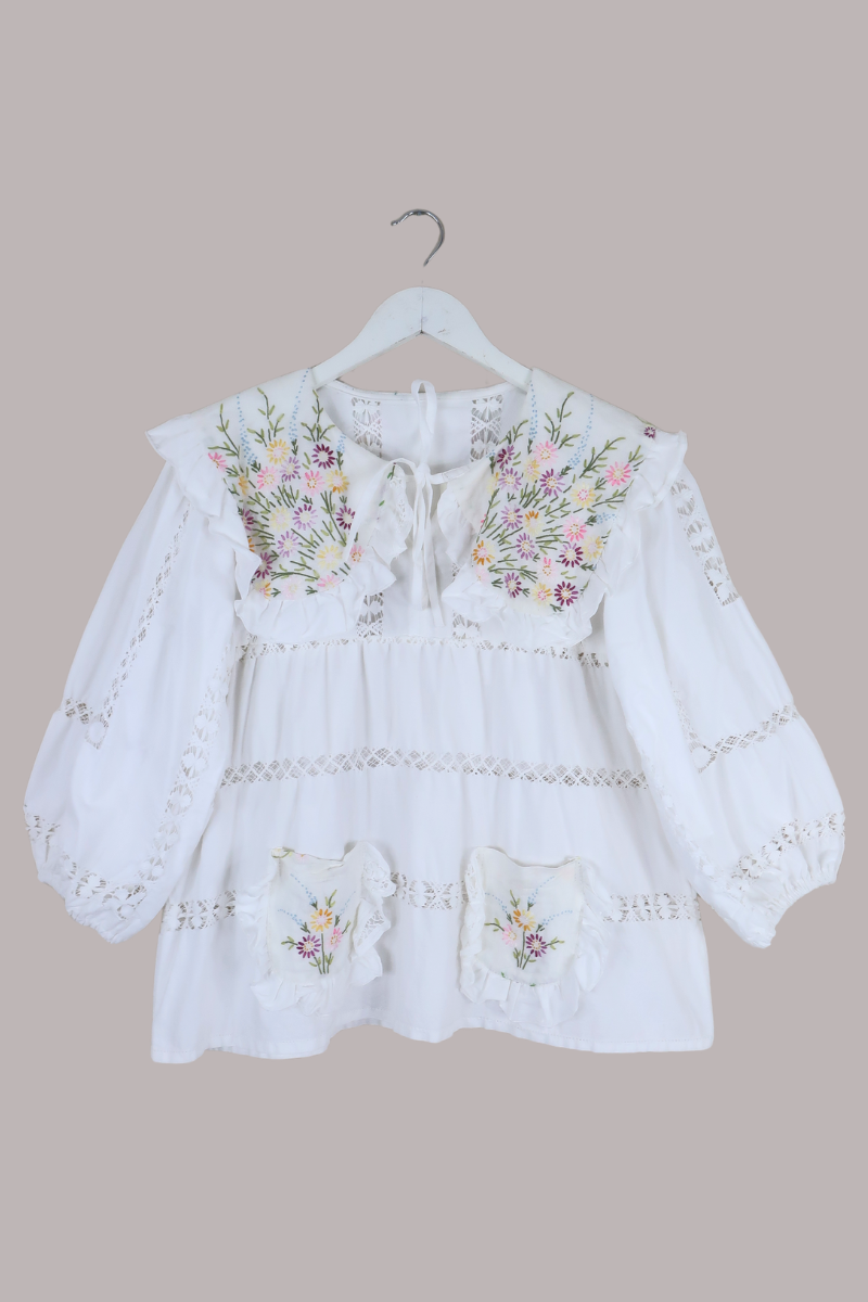 Vintage Tablecloth Prairie Blouse in Ditsy Flower Field - Free Size