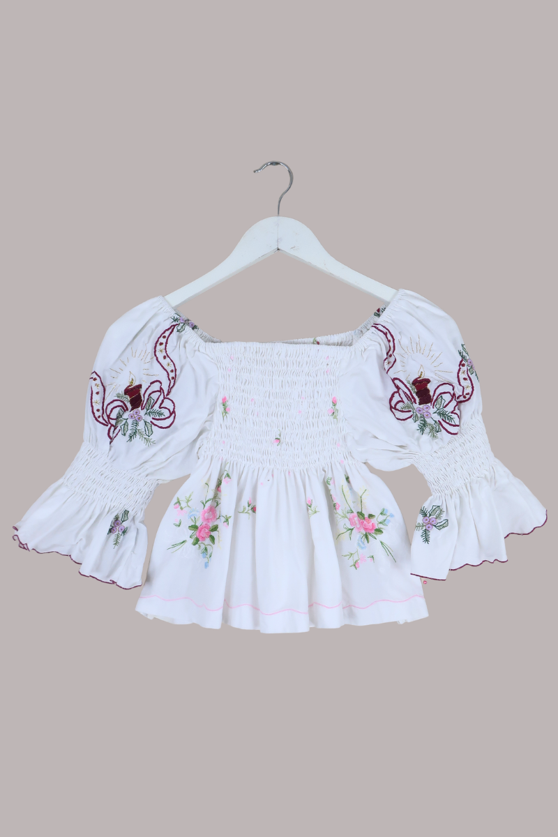 Lucia Vintage Tablecloth Ruched Top in Valentine's Bouquet