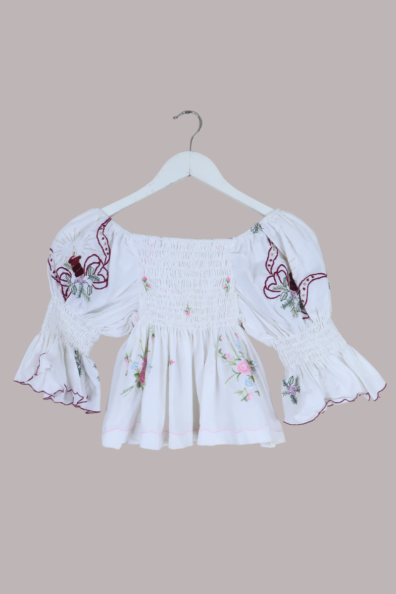 Lucia Vintage Tablecloth Ruched Top in Valentine's Bouquet