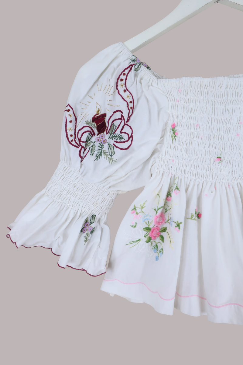 Lucia Vintage Tablecloth Ruched Top in Valentine's Bouquet